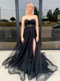 Strapless Black Tulle Long Prom Dress With Slit And Beaded Lace Appliques