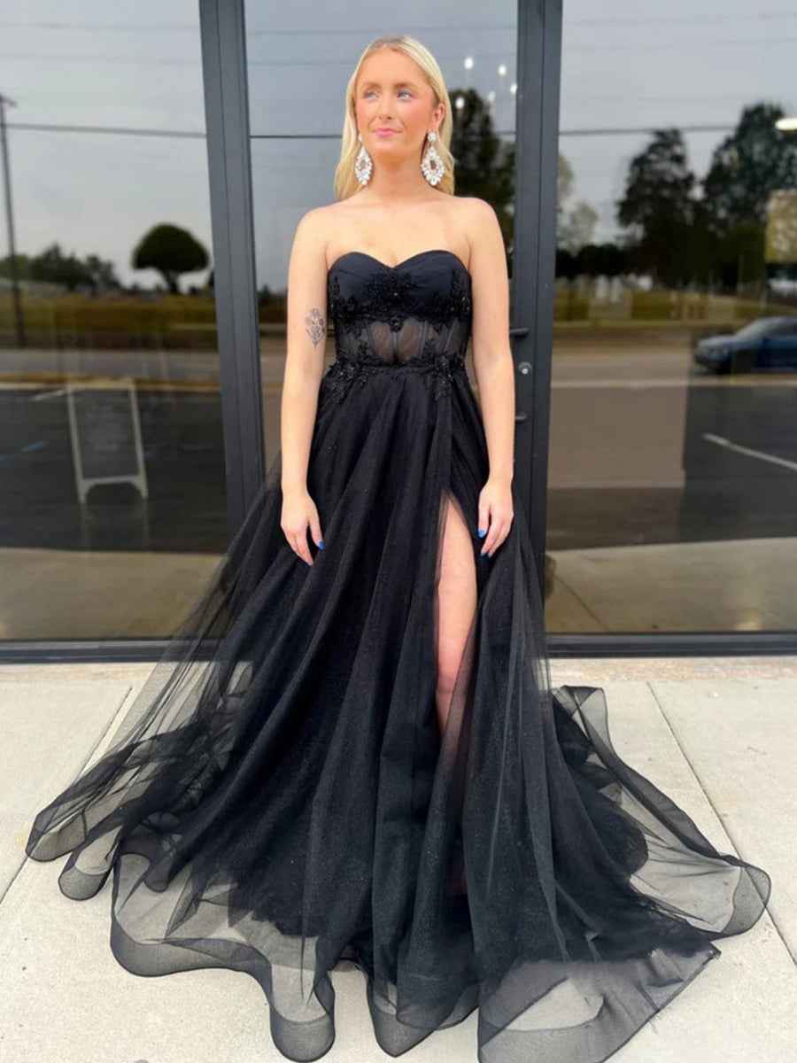Strapless Black Tulle Long Prom Dress With Slit And Beaded Lace Appliques