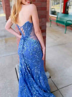 Blue Sequin Strapless V Neck Long Prom Dress With Embroidery