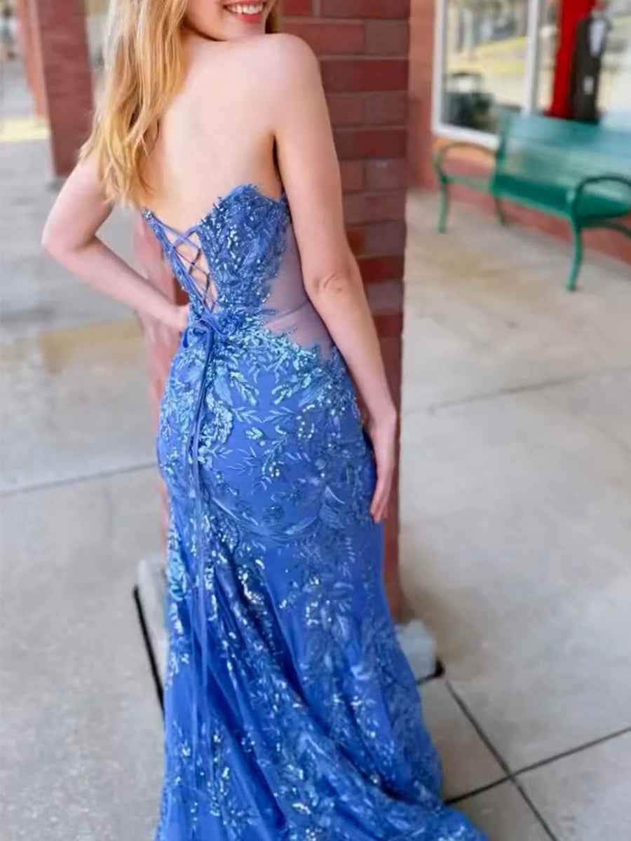 Blue Sequin Strapless V Neck Long Prom Dress With Embroidery