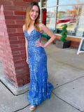Blue Sequin Strapless V Neck Long Prom Dress With Embroidery