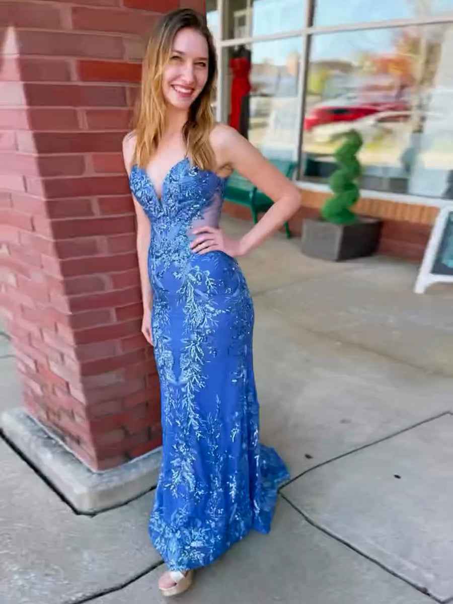 Blue Sequin Strapless V Neck Long Prom Dress With Embroidery