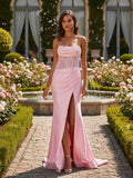 Strapless Pink Satin Long Prom Dress With Slit And Fitted Bodice