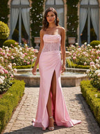 Strapless Pink Satin Long Prom Dress With Slit And Fitted Bodice