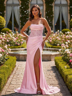 Strapless Pink Satin Long Prom Dress With Slit And Fitted Bodice