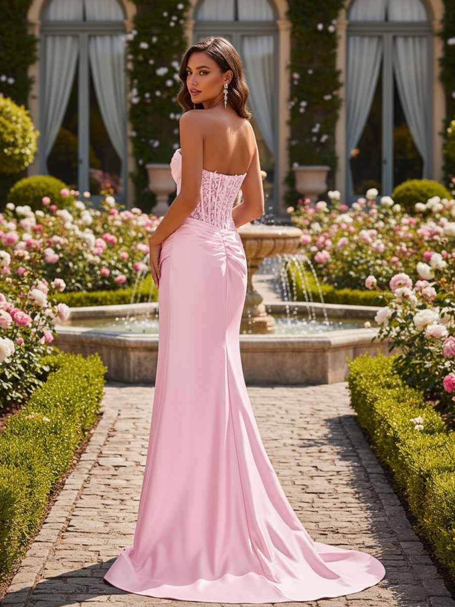Strapless Pink Satin Long Prom Dress With Slit And Fitted Bodice