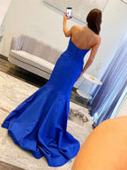 Royal Blue Strapless Bow Bodice Mermaid Prom Dress With Rhinestone Cutout