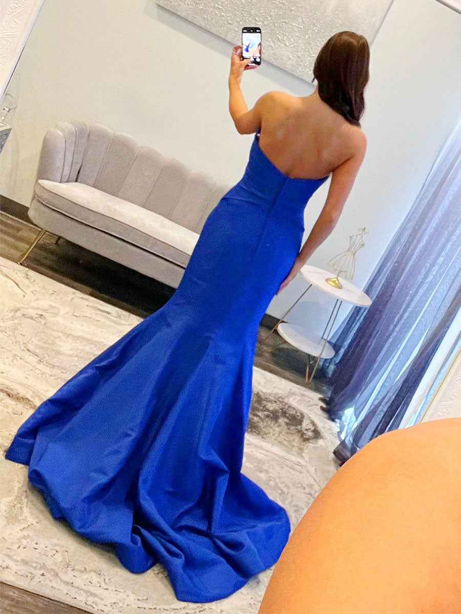 Royal Blue Strapless Bow Bodice Mermaid Prom Dress With Rhinestone Cutout