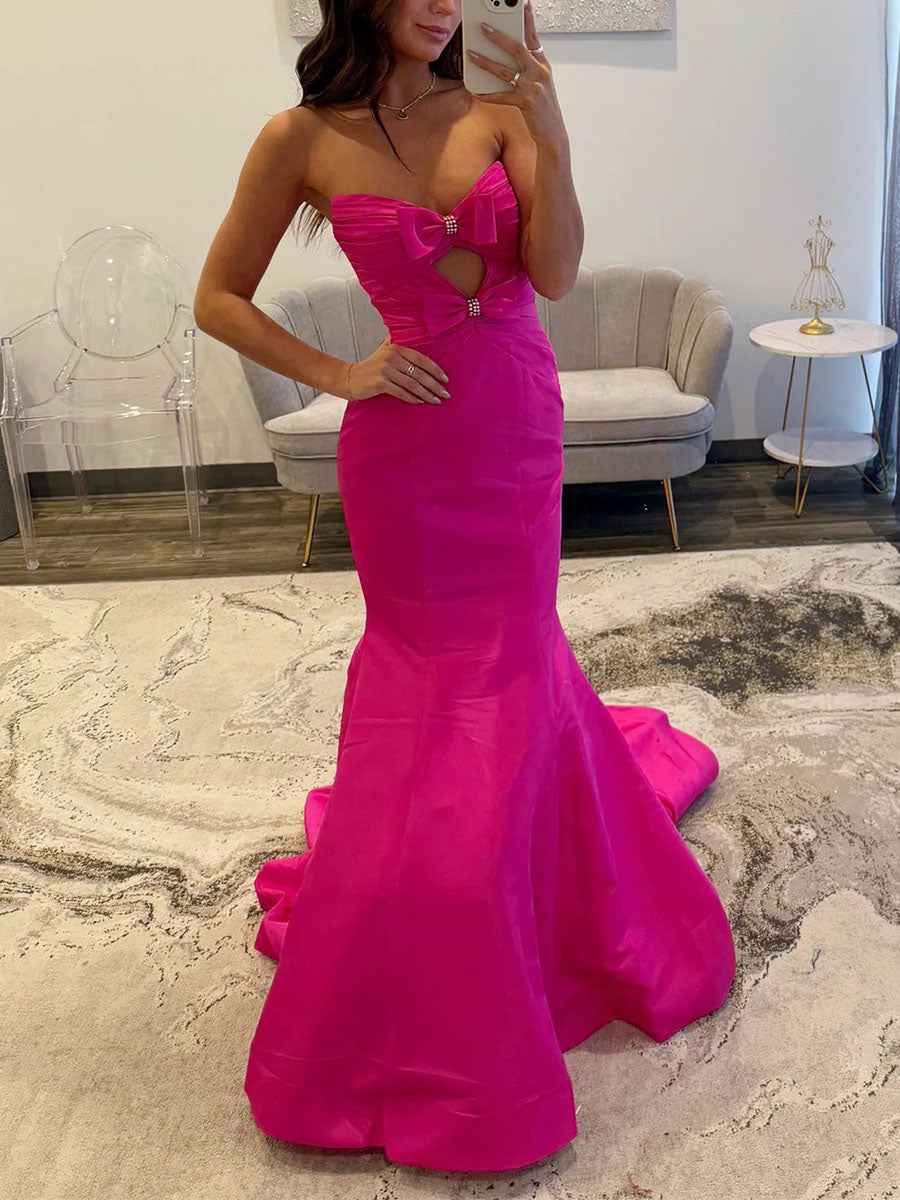 Royal Blue Strapless Bow Bodice Mermaid Prom Dress With Rhinestone Cutout