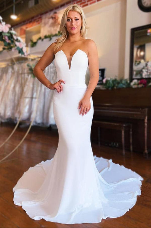 Strapless Chapel Train Mermaid Long Satin Wedding Dresses