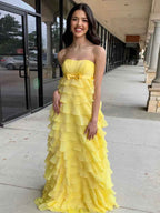Yellow Strapless Chiffon Prom Dress With Tiered Ruffles