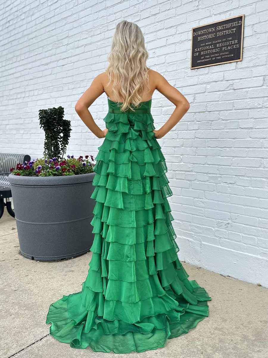 Yellow Strapless Chiffon Prom Dress With Tiered Ruffles