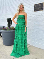 Yellow Strapless Chiffon Prom Dress With Tiered Ruffles