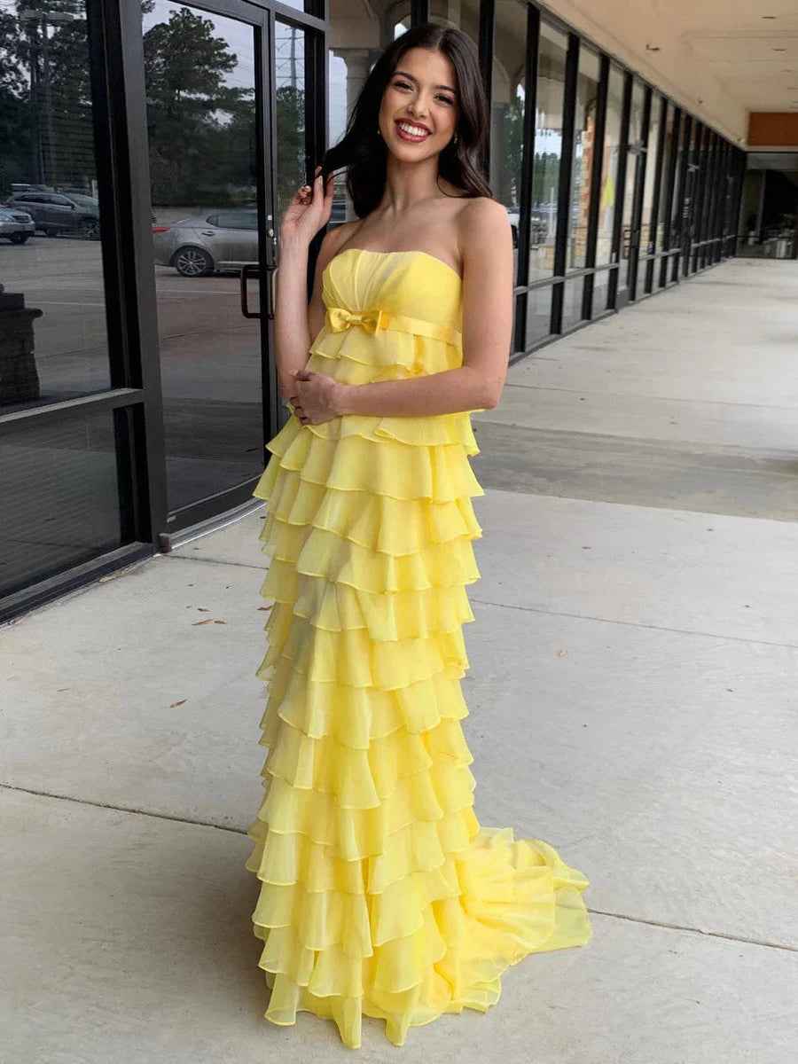 Yellow Strapless Chiffon Prom Dress With Tiered Ruffles