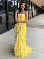 Yellow Strapless Chiffon Prom Dress With Tiered Ruffles