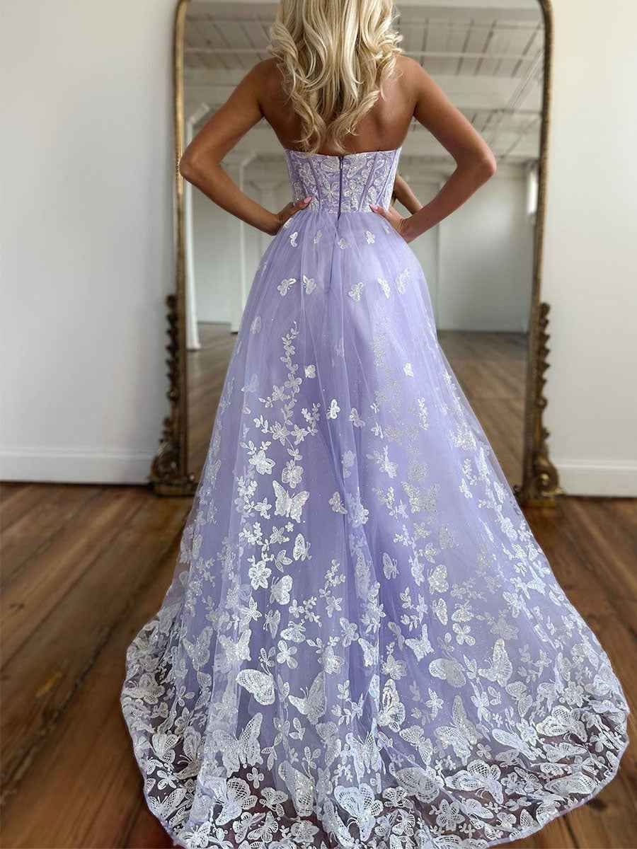 Lavender Strapless Corset Ballgown With Butterfly Lace Applique