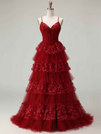 Stunning Red Tiered Long Prom Dress with Sweetheart Neck