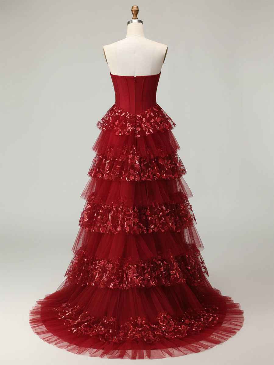 Stunning Red Tiered Long Prom Dress with Sweetheart Neck