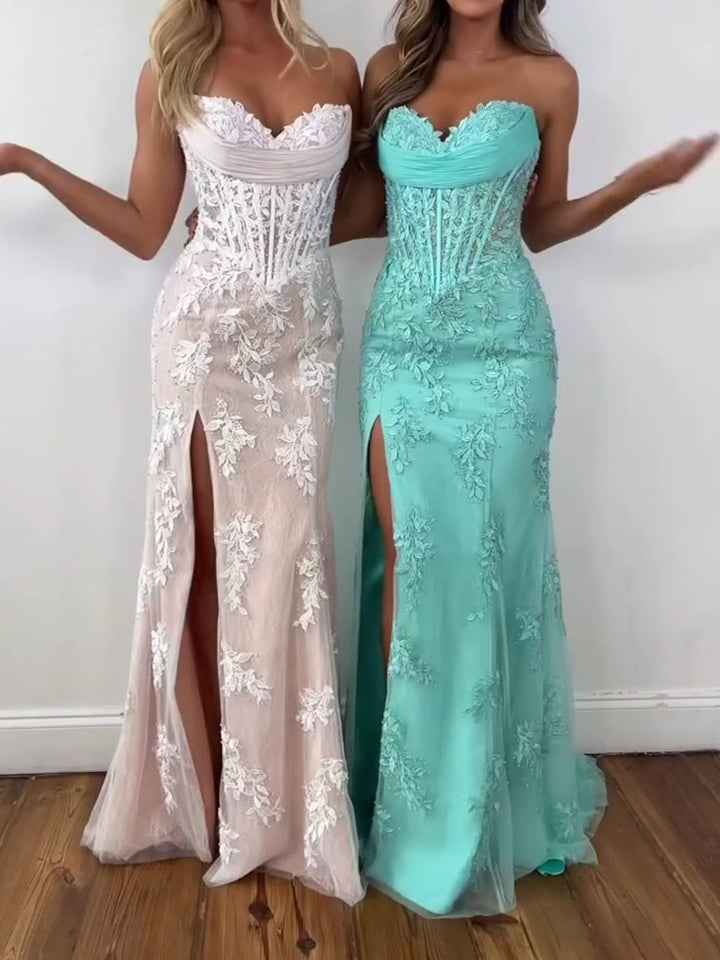 Strapless Floral Lace Corset Prom Dress With Thigh High Slit