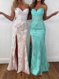 Strapless Floral Lace Corset Prom Dress With Thigh High Slit