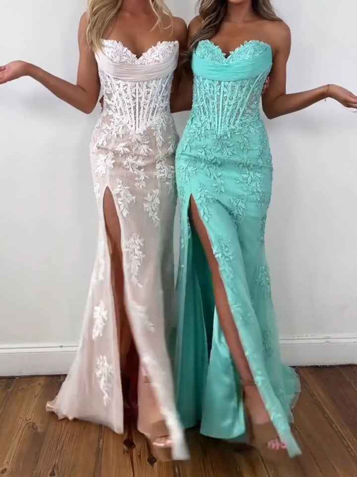 Strapless Floral Lace Corset Prom Dress With Thigh High Slit
