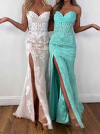 Strapless Floral Lace Corset Prom Dress With Thigh High Slit