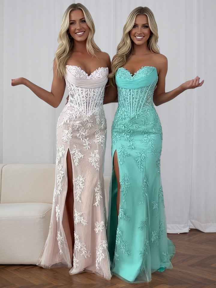 Strapless Corset Lace Prom Dress With Thigh High Slit
