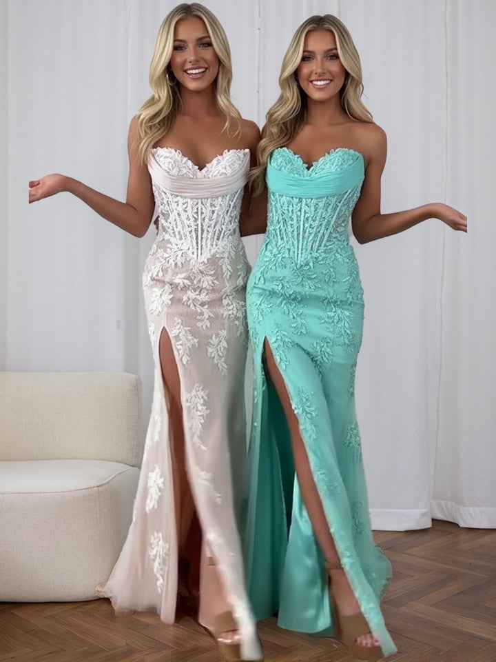 Strapless Corset Lace Prom Dress With Thigh High Slit