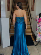 Sage Green Strapless Corset Satin Prom Dress With High Slit And Crystals