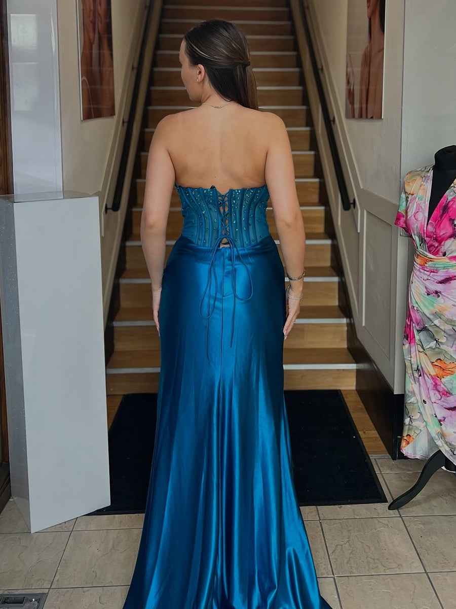 Sage Green Strapless Corset Satin Prom Dress With High Slit And Crystals