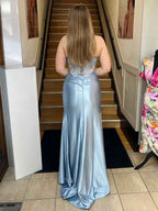 Sage Green Strapless Corset Satin Prom Dress With High Slit And Crystals