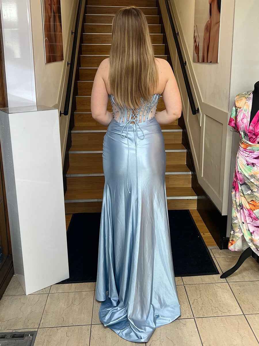 Sage Green Strapless Corset Satin Prom Dress With High Slit And Crystals