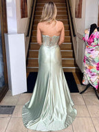 Sage Green Strapless Corset Satin Prom Dress With High Slit And Crystals