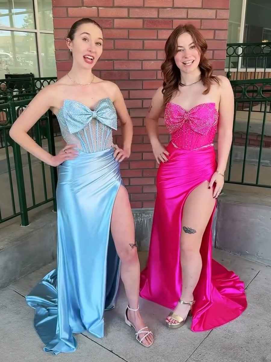 Strapless Satin Prom Dress With Crystal Bow Bodice And High Slit