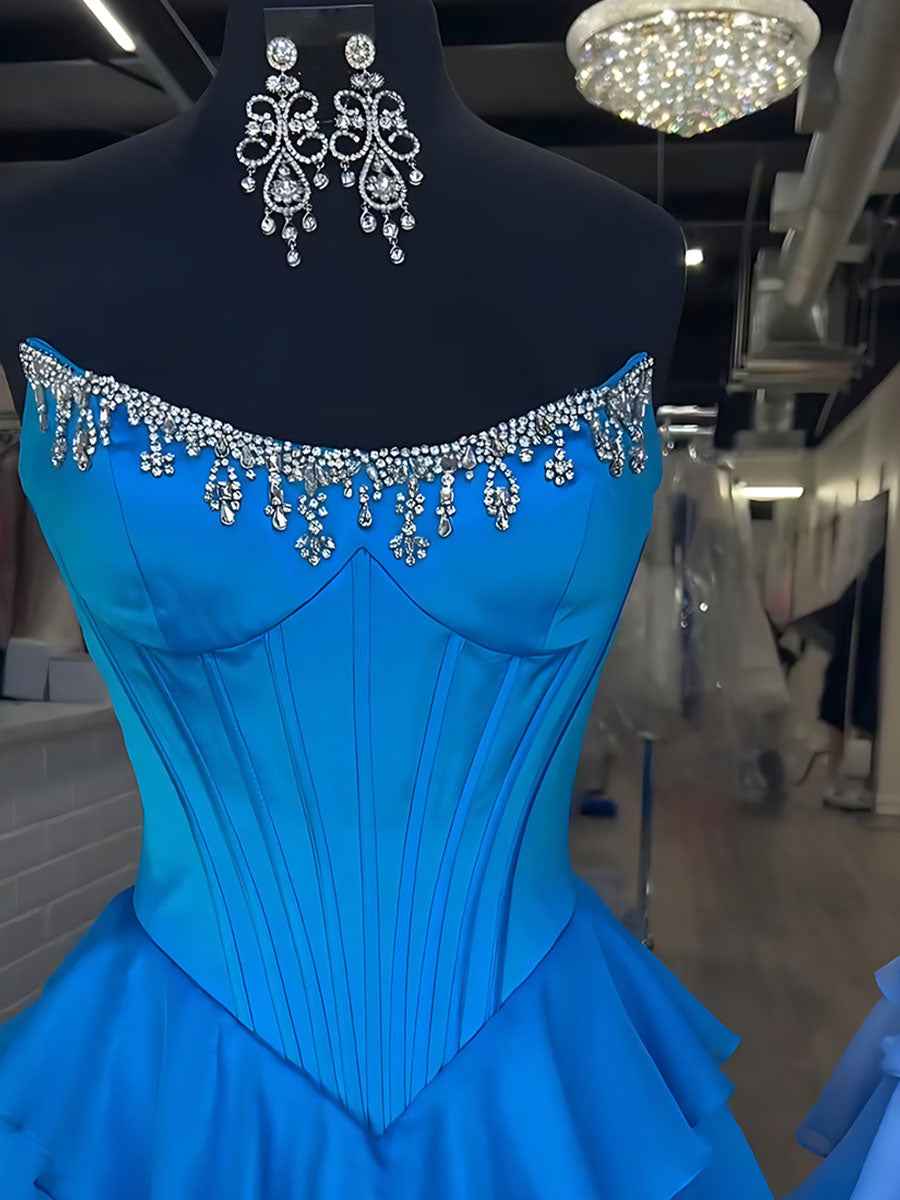 Hot Pink Strapless Crystal Ruffle Satin Corset Prom Ball Gown