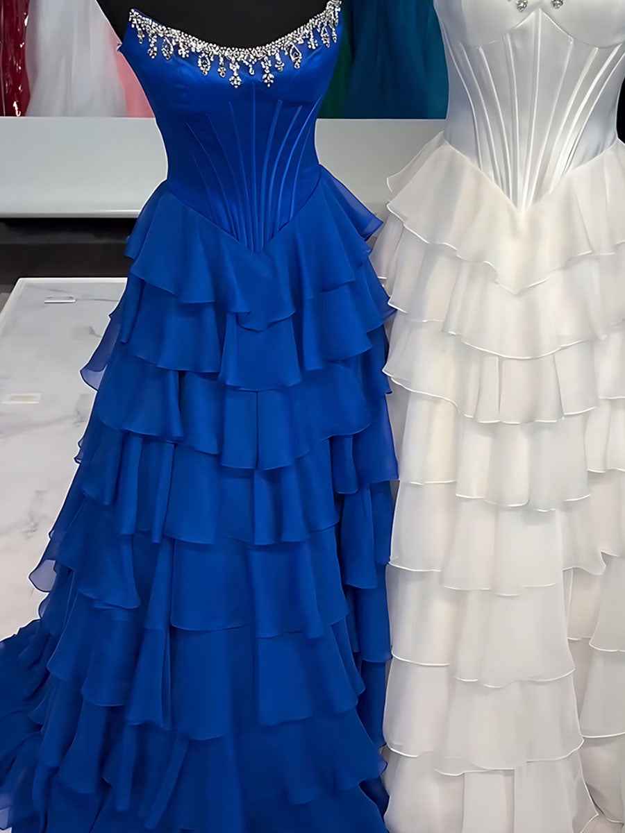 Hot Pink Strapless Crystal Ruffle Satin Corset Prom Ball Gown
