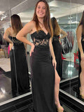 Black Strapless Mermaid Prom Dress With Beaded Lace Appliques
