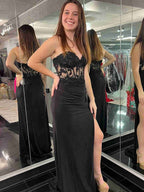 Black Strapless Mermaid Prom Dress With Beaded Lace Appliques