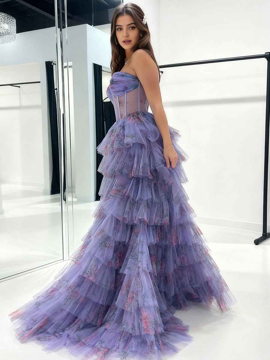 Strapless Floral Corset Prom Dress With Tiered Ruffles And Slit