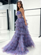 Strapless Floral Corset Prom Dress With Tiered Ruffles And Slit