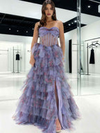 Strapless Floral Corset Prom Dress With Tiered Ruffles And Slit