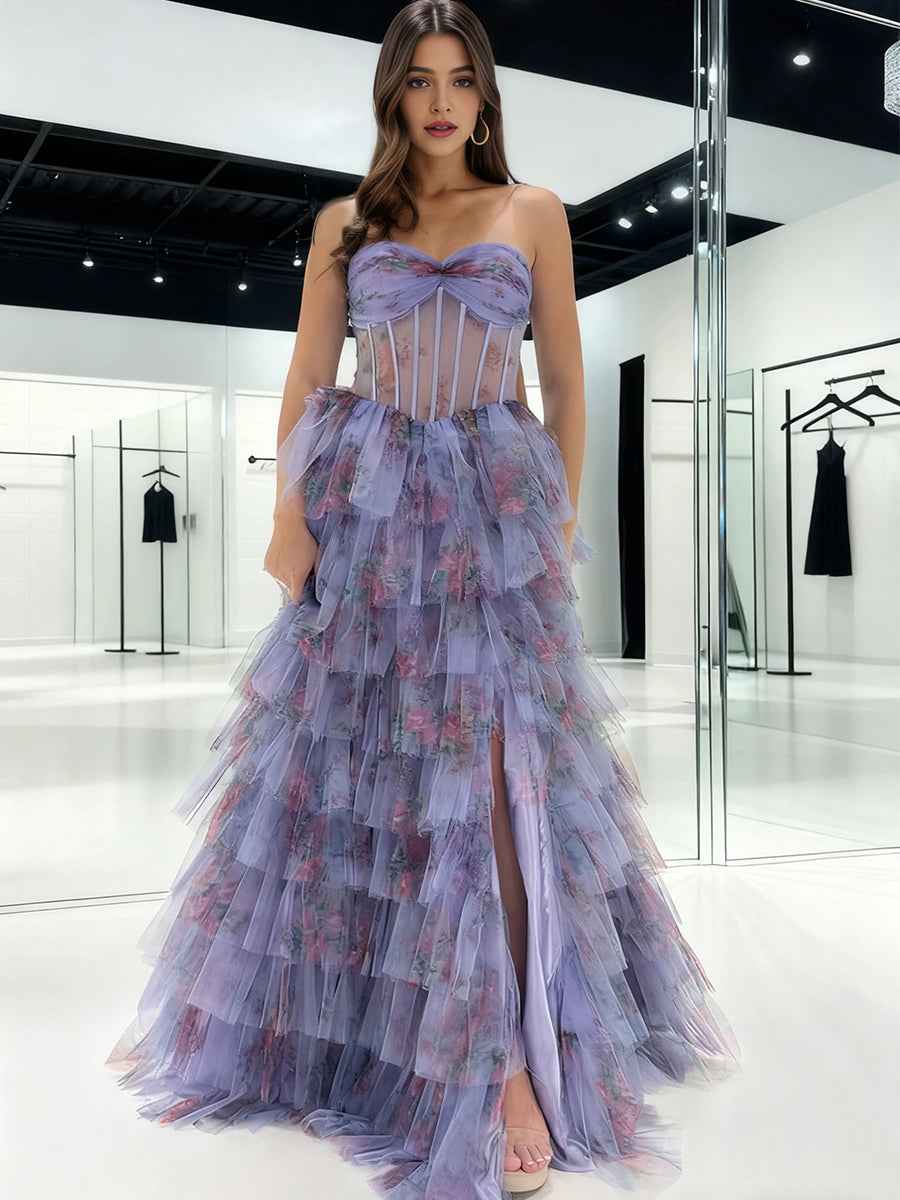 Strapless Floral Corset Prom Dress With Tiered Ruffles And Slit