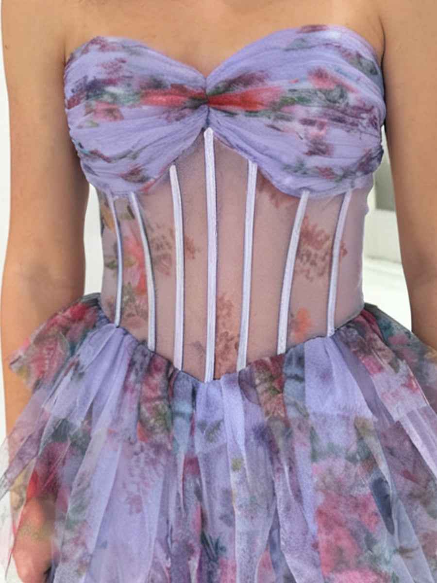 Strapless Floral Corset Prom Dress With Tiered Ruffles And Slit