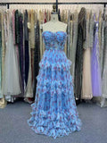 Strapless Floral Tulle Prom Dress With Tiered Ruffles Pink Floral Print