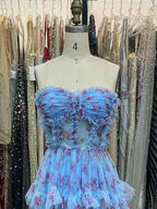 Strapless Floral Tulle Prom Dress With Tiered Ruffles Pink Floral Print