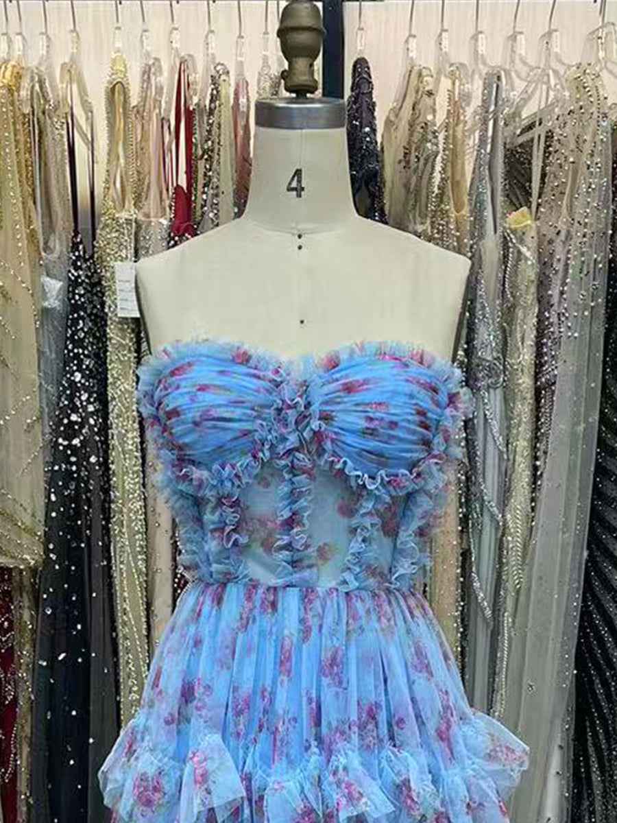 Strapless Floral Tulle Prom Dress With Tiered Ruffles Pink Floral Print