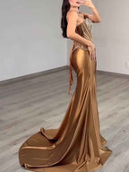 Gold Strapless Heavy Crystal Corset Prom Dress With Slit