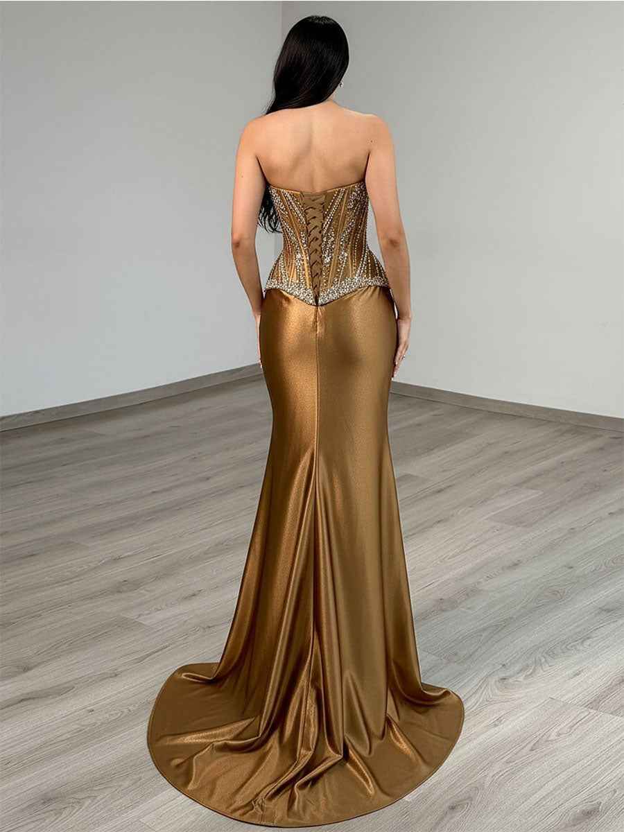 Gold Strapless Heavy Crystal Corset Prom Dress With Slit