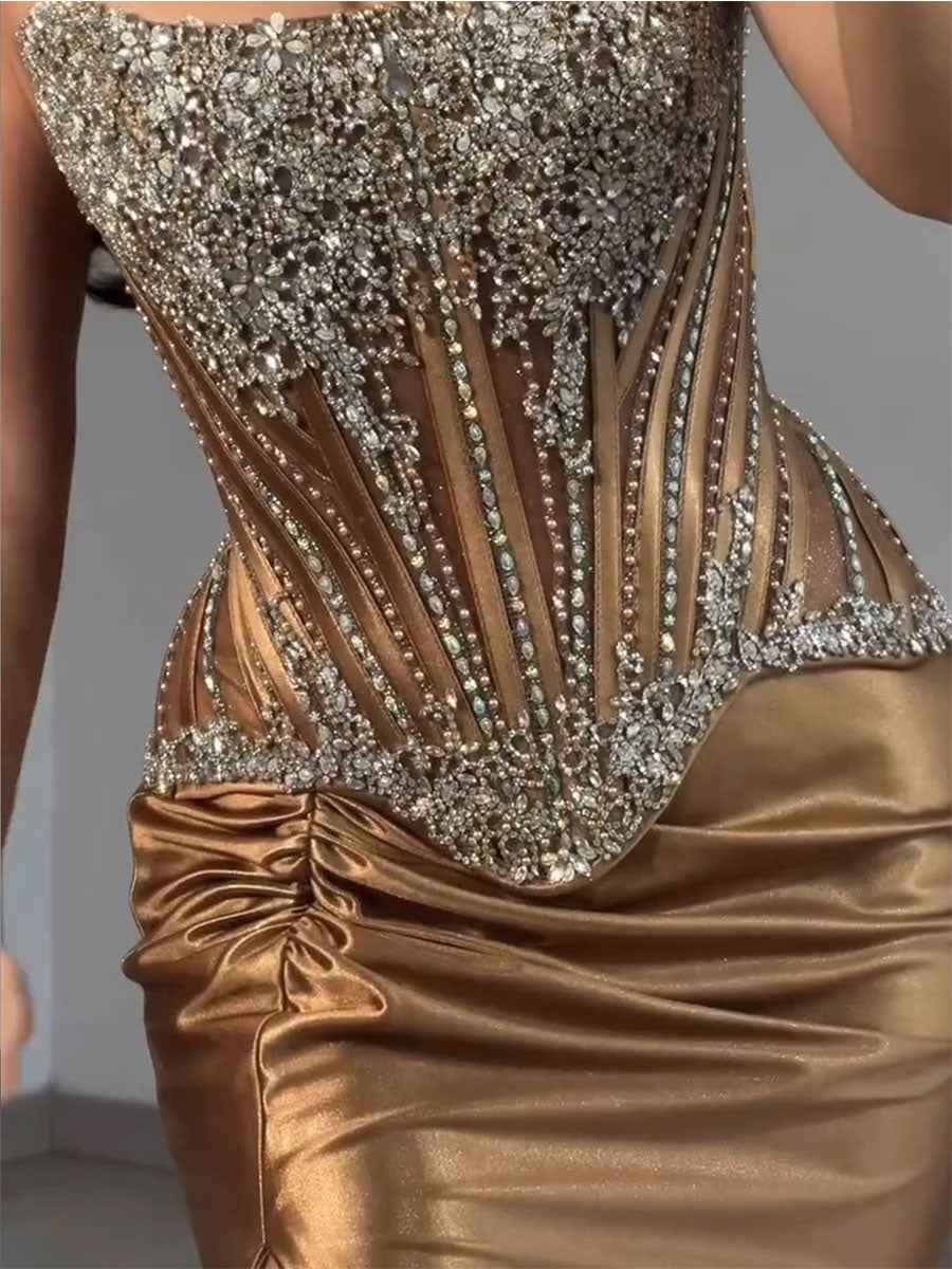 Gold Strapless Heavy Crystal Corset Prom Dress With Slit