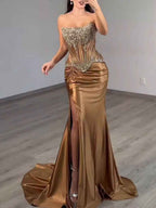 Gold Strapless Heavy Crystal Corset Prom Dress With Slit